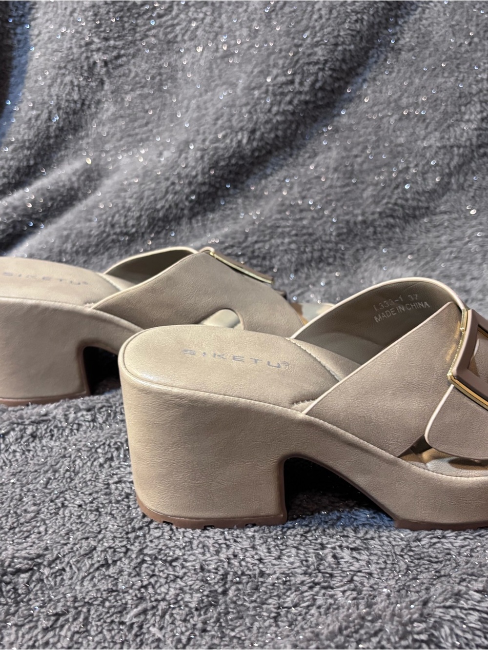 Born Taupe Platform Mules with Gold Buckle
